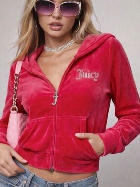 Juicy Couture Velour Hoodie Sweatshirt XL Cherry Rhinestone Logo Y2K EUC